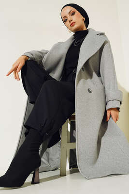 İki Cepli Uzun Kaşe Kaban Gri - Thumbnail