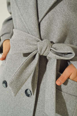 İki Cepli Uzun Kaşe Kaban Gri - Thumbnail