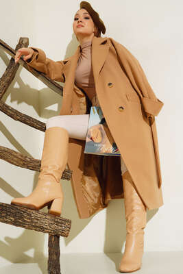 İki Cepli Uzun Kaşe Kaban Camel - Thumbnail