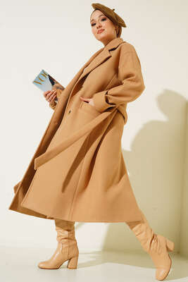 İki Cepli Uzun Kaşe Kaban Camel - Thumbnail