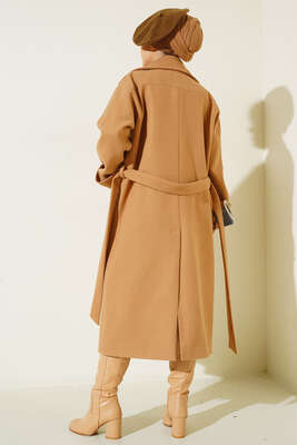 İki Cepli Uzun Kaşe Kaban Camel - Thumbnail