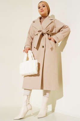 İki Cepli Uzun Kaşe Kaban Bej - Thumbnail