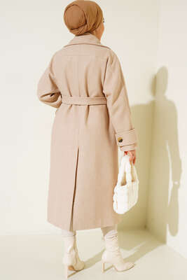 İki Cepli Uzun Kaşe Kaban Bej - Thumbnail