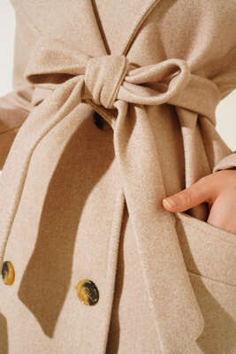 İki Cepli Uzun Kaşe Kaban Bej - Thumbnail