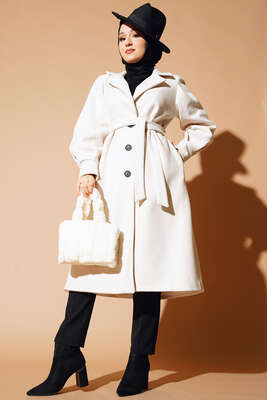 Pazarium - Balon Kollu Uzun Model Krem Kaşe Kaban