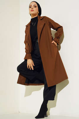 Bileği Lastikli Şal Yaka Trençkot Kahve - Thumbnail