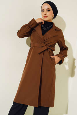 Bileği Lastikli Şal Yaka Trençkot Kahve - Thumbnail