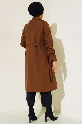 Bileği Lastikli Şal Yaka Trençkot Kahve - Thumbnail