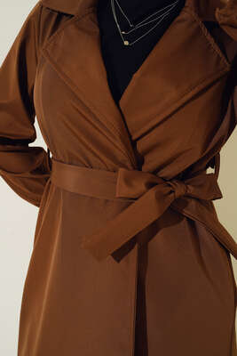 Bileği Lastikli Şal Yaka Trençkot Kahve - Thumbnail