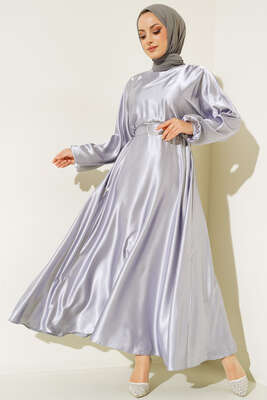 Yarasa Kol Saten Elbise Gri - Thumbnail