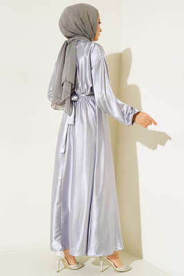 Yarasa Kol Saten Elbise Gri - Thumbnail