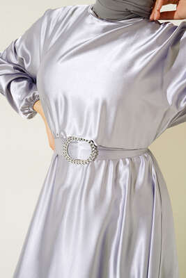 Yarasa Kol Saten Elbise Gri - Thumbnail