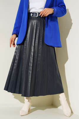 Piliseli Kemerli Lacivert Deri Etek - Thumbnail