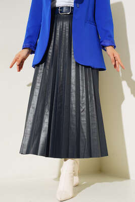 Piliseli Kemerli Lacivert Deri Etek - Thumbnail