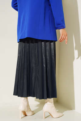 Piliseli Kemerli Lacivert Deri Etek - Thumbnail