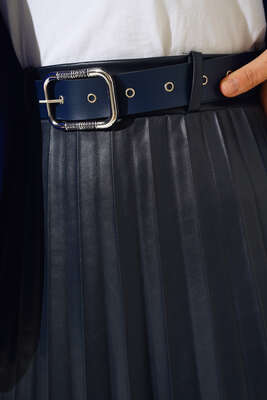 Piliseli Kemerli Lacivert Deri Etek - Thumbnail