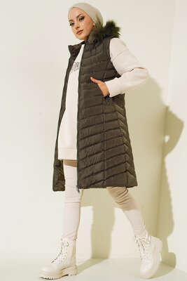 Pazarium - Fermuarlı Cepli Kapüşonlu Şişme Yelek Haki