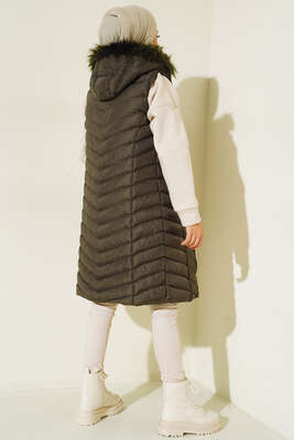 Fermuarlı Cepli Kapüşonlu Şişme Yelek Haki - Thumbnail