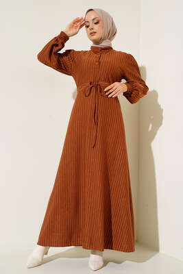 İnce Kesik Çizgili Elbise Taba - Thumbnail