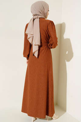 İnce Kesik Çizgili Elbise Taba - Thumbnail