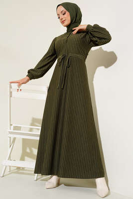 İnce Kesik Çizgili Elbise Haki - Thumbnail