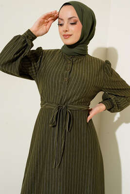 İnce Kesik Çizgili Elbise Haki - Thumbnail