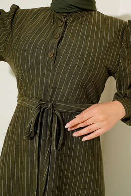 İnce Kesik Çizgili Elbise Haki - Thumbnail