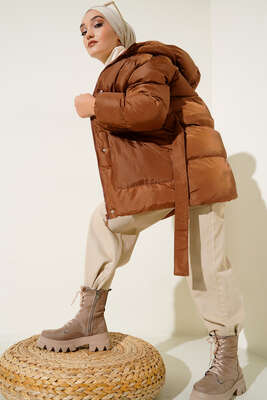 Beli Bağlamalı Şişme Mont Taba - Thumbnail