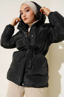 Beli Bağlamalı Şişme Mont Siyah - Thumbnail