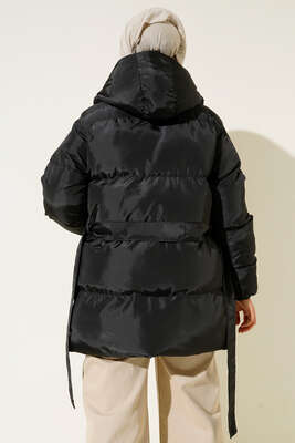 Beli Bağlamalı Şişme Mont Siyah - Thumbnail