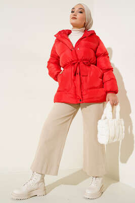 Beli Bağlamalı Şişme Mont Kırmızı - Thumbnail