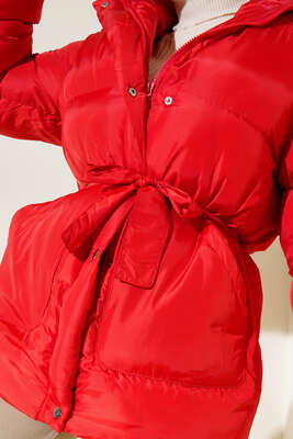 Beli Bağlamalı Şişme Mont Kırmızı - Thumbnail