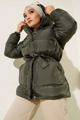 Beli Bağlamalı Şişme Mont Haki - Thumbnail