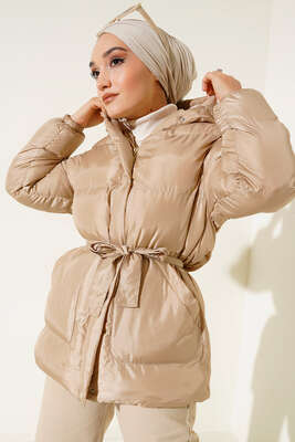 Beli Bağlamalı Şişme Mont Bej - Thumbnail