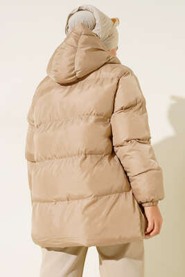 Beli Bağlamalı Şişme Mont Bej - Thumbnail