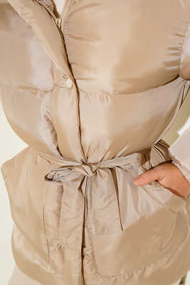 Beli Bağlamalı Şişme Mont Bej - Thumbnail