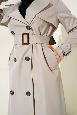 Bel Kuşaklı Klasik Trençkot Taş - Thumbnail