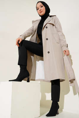 Bel Kuşaklı Klasik Trençkot Taş - Thumbnail