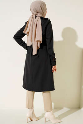 Bel Kuşaklı Klasik Trençkot Siyah - Thumbnail