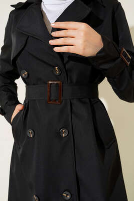 Bel Kuşaklı Klasik Trençkot Siyah - Thumbnail
