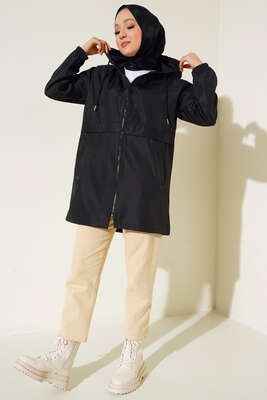 Cepli Fermuarlı Kapüşonlu Trençkot Siyah - Thumbnail