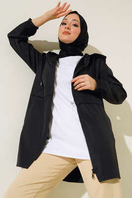 Cepli Fermuarlı Kapüşonlu Trençkot Siyah - Thumbnail