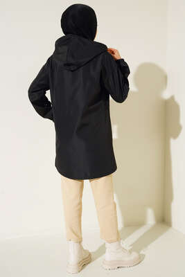 Cepli Fermuarlı Kapüşonlu Trençkot Siyah - Thumbnail