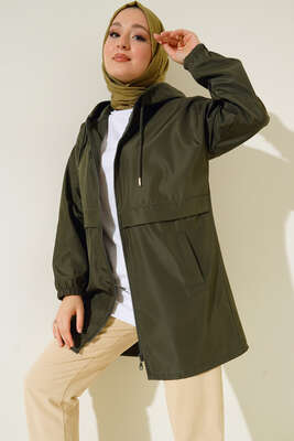 Cepli Fermuarlı Kapüşonlu Trençkot Haki - Thumbnail