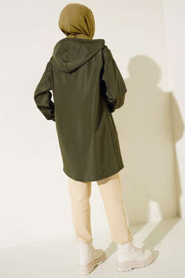 Cepli Fermuarlı Kapüşonlu Trençkot Haki - Thumbnail