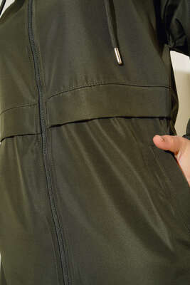 Cepli Fermuarlı Kapüşonlu Trençkot Haki - Thumbnail