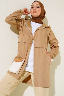 Cepli Fermuarlı Kapüşonlu Trençkot Camel - Thumbnail