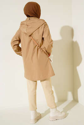 Cepli Fermuarlı Kapüşonlu Trençkot Camel - Thumbnail