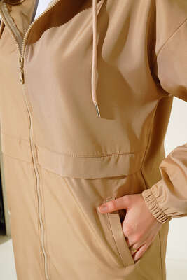 Cepli Fermuarlı Kapüşonlu Trençkot Camel - Thumbnail