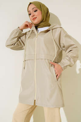 Cepli Fermuarlı Kapüşonlu Trençkot Bej - Thumbnail